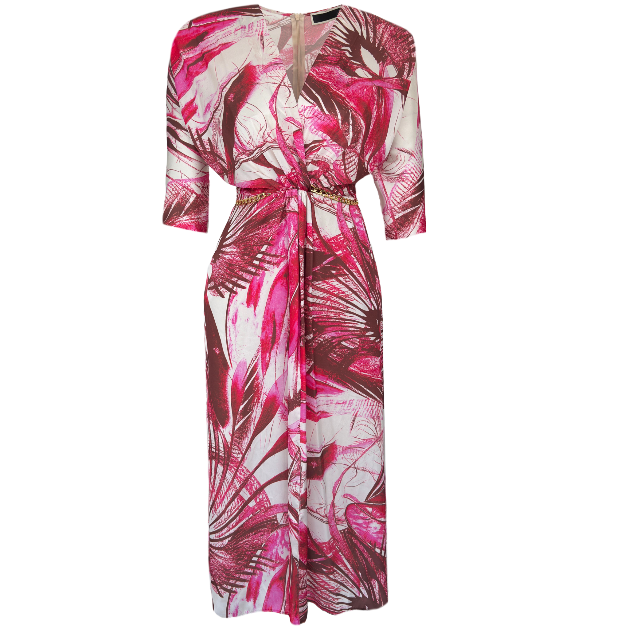 CHAIN EMBELLISHED WAIST WRAP NECK SATIN DRESS PINK