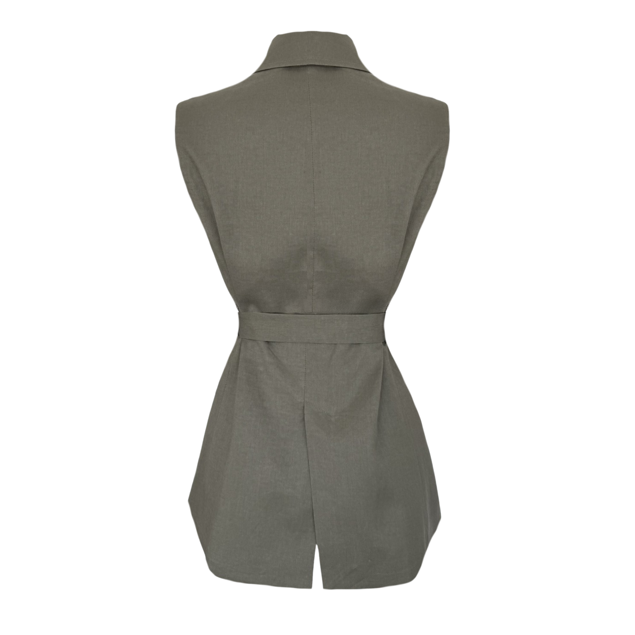 POCKET DETAIL 100% LINEN BELTED VEST KHAKI