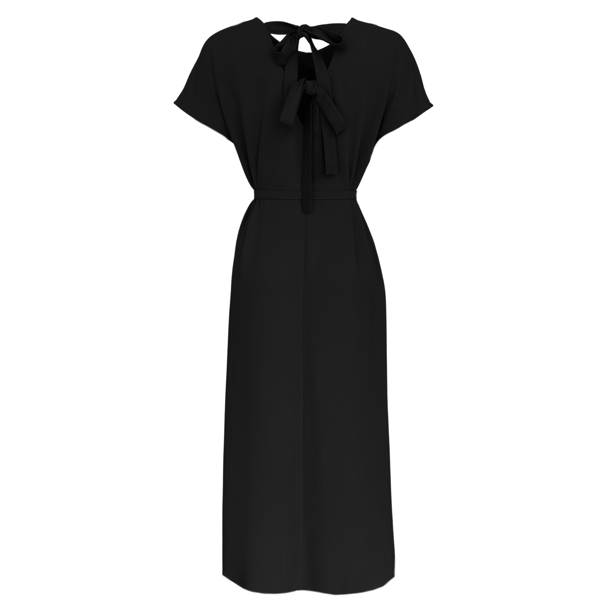 TIE-FASTENING MAXI BACK LENGTH BELTED DRESS BLACK