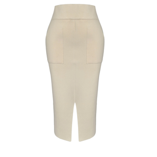 KNITTED PENCIL SKIRT WITH FRONT SLIT DETAIL, ECRU.