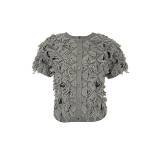 SHORT-SLEEVE WOOL BLEND KNIT JACKET WITH FRINGE DETAILS, GRAY.