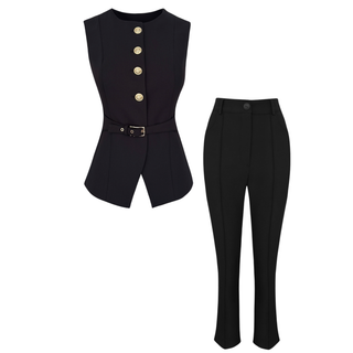 GOLD BUTTONED BELT DETAIL VEST SET BLACK