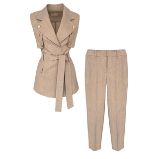 CAMEL BELTED SUIT WITH GOLD BUTTONS