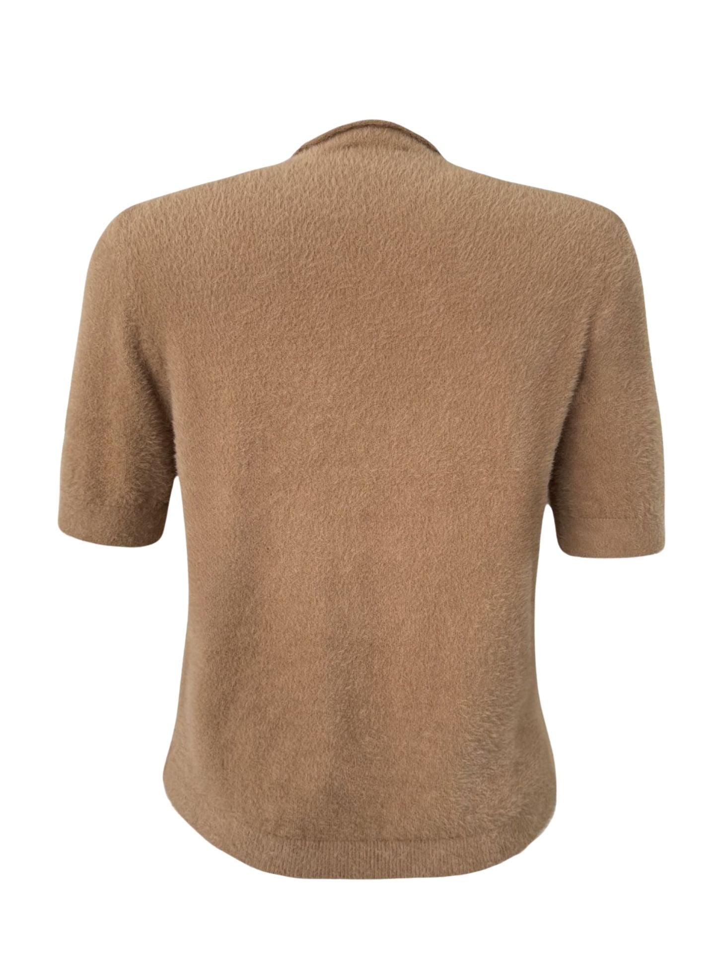High Neck Short Sleeve Fluffy Knit Camel - One Size