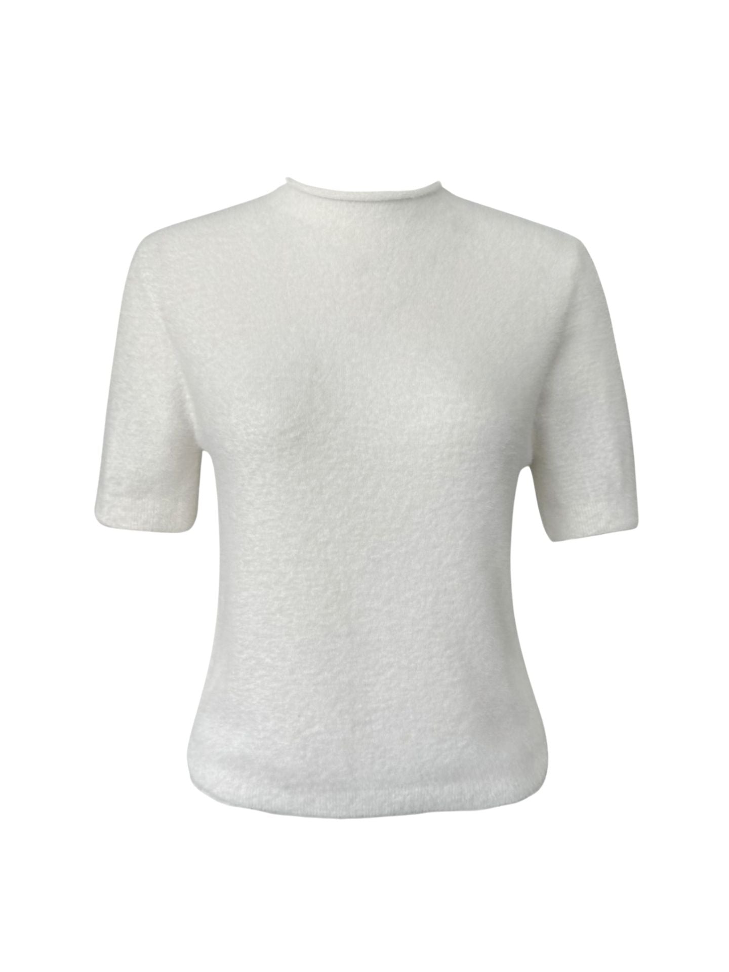 High Neck Short Sleeve Fluffy Knit Ecru - One Size