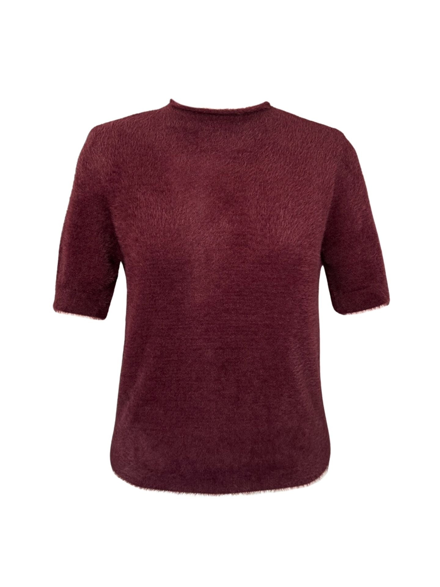 High Neck Short Sleeve Fluffy Knit Burgundy - One Size