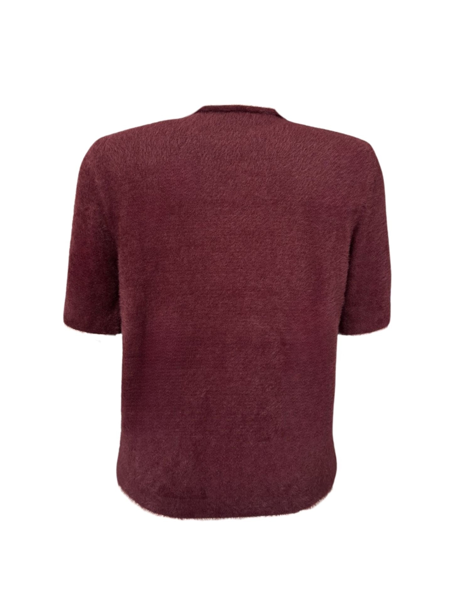High Neck Short Sleeve Fluffy Knit Burgundy - One Size