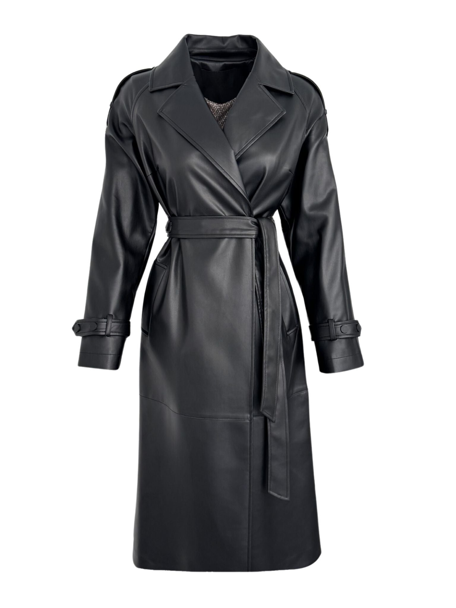 BELTED WAIST FAUX LEATHER TRENCH COAT