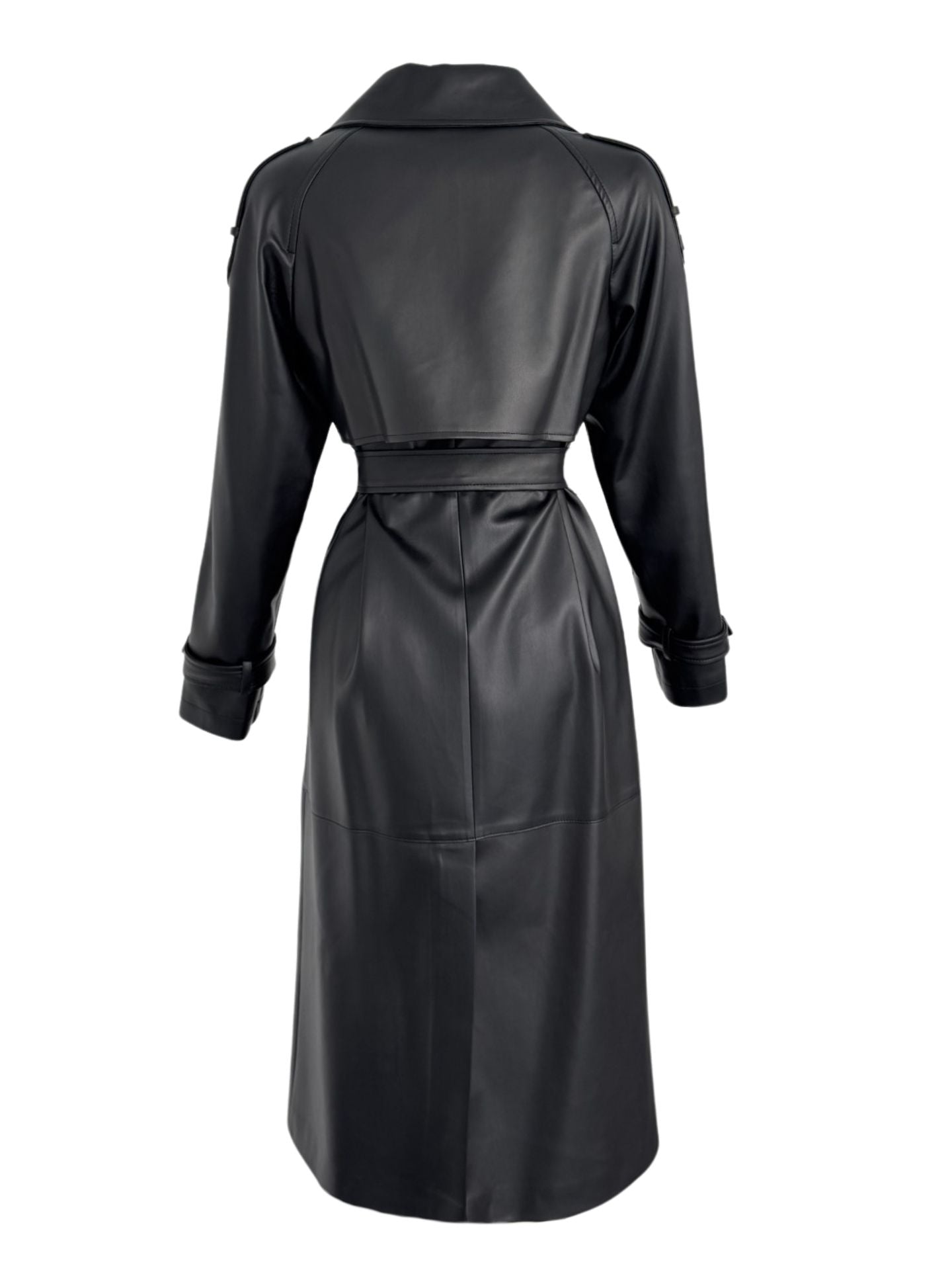 BELTED WAIST FAUX LEATHER TRENCH COAT