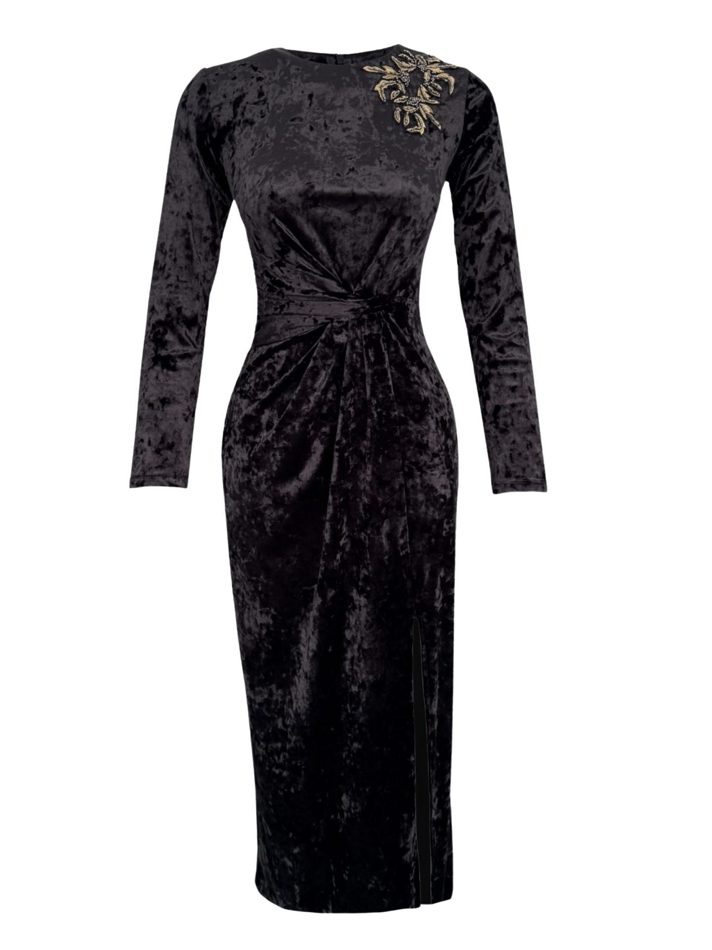 HAND EMBROIDERY DETAILED SLIT VELVET DRESS