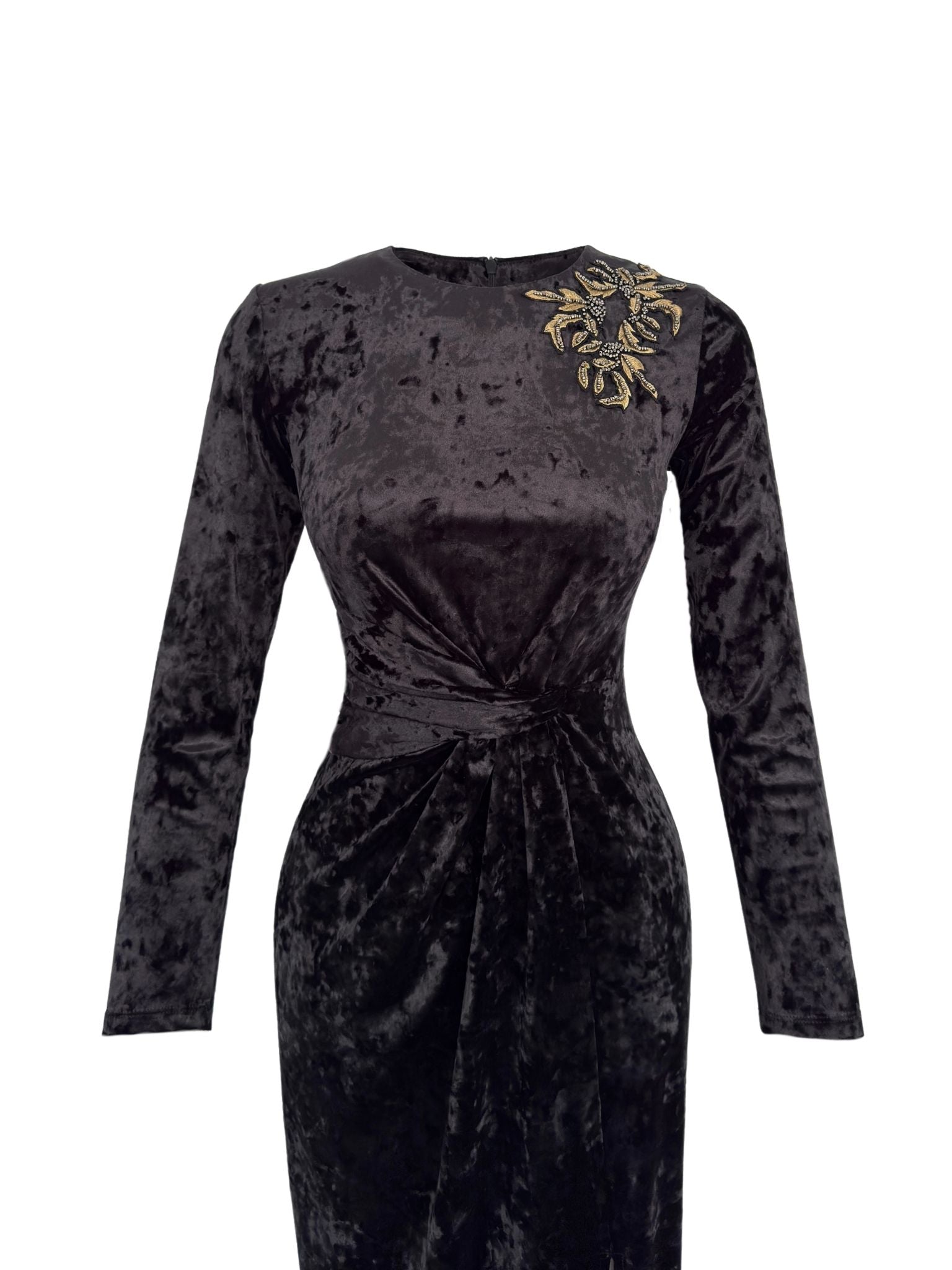 HAND EMBROIDERY DETAILED SLIT VELVET DRESS