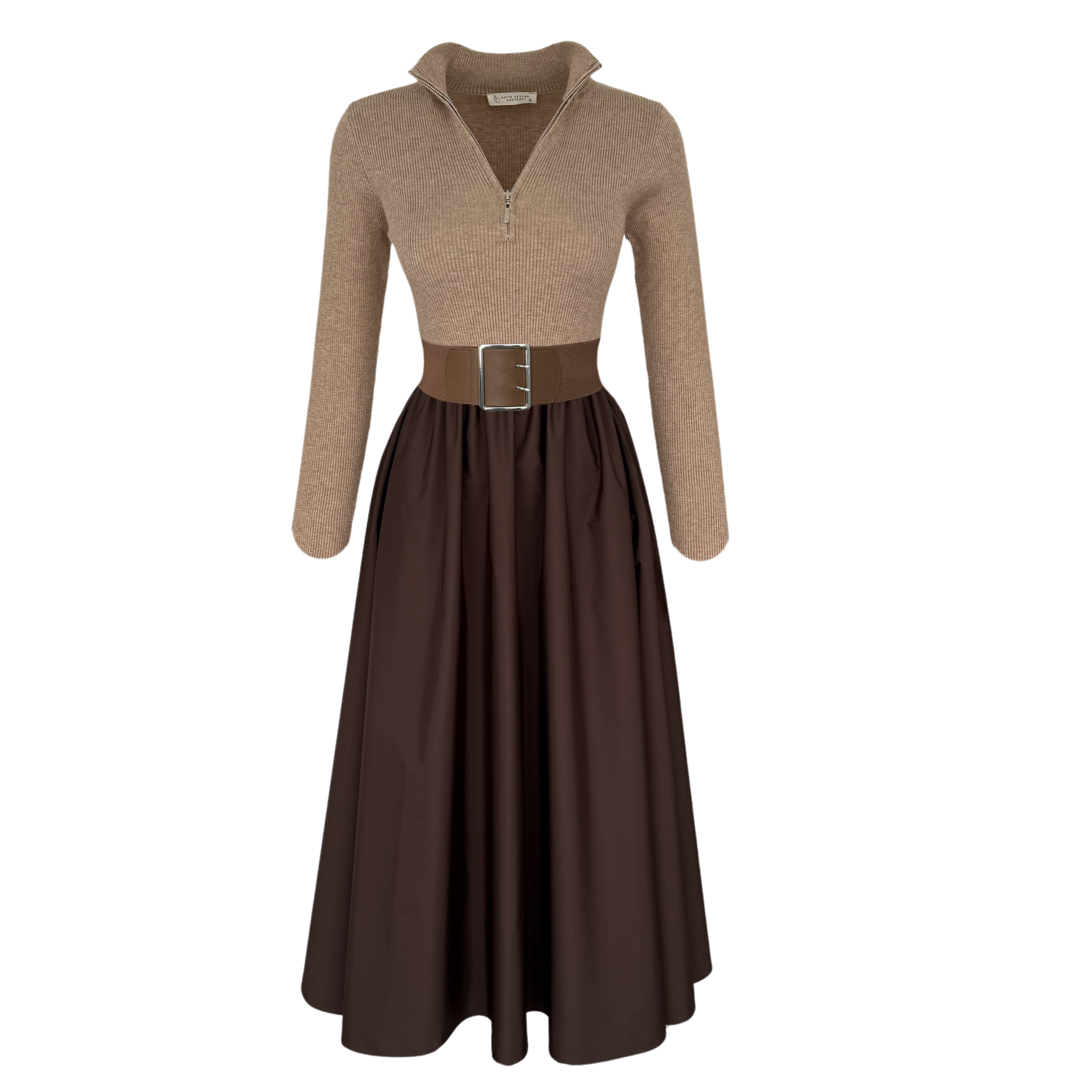 KNIT TRIMMED PARACHUTE FABRIC DRESS BROWN