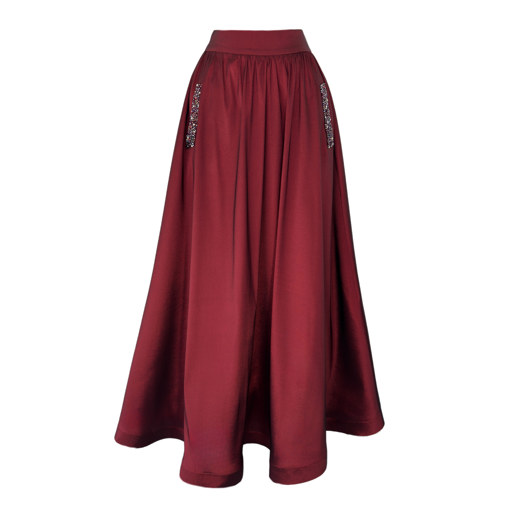 STONE EMBROIDERED POCKETS TAFFETA SKIRT BURGUNDY