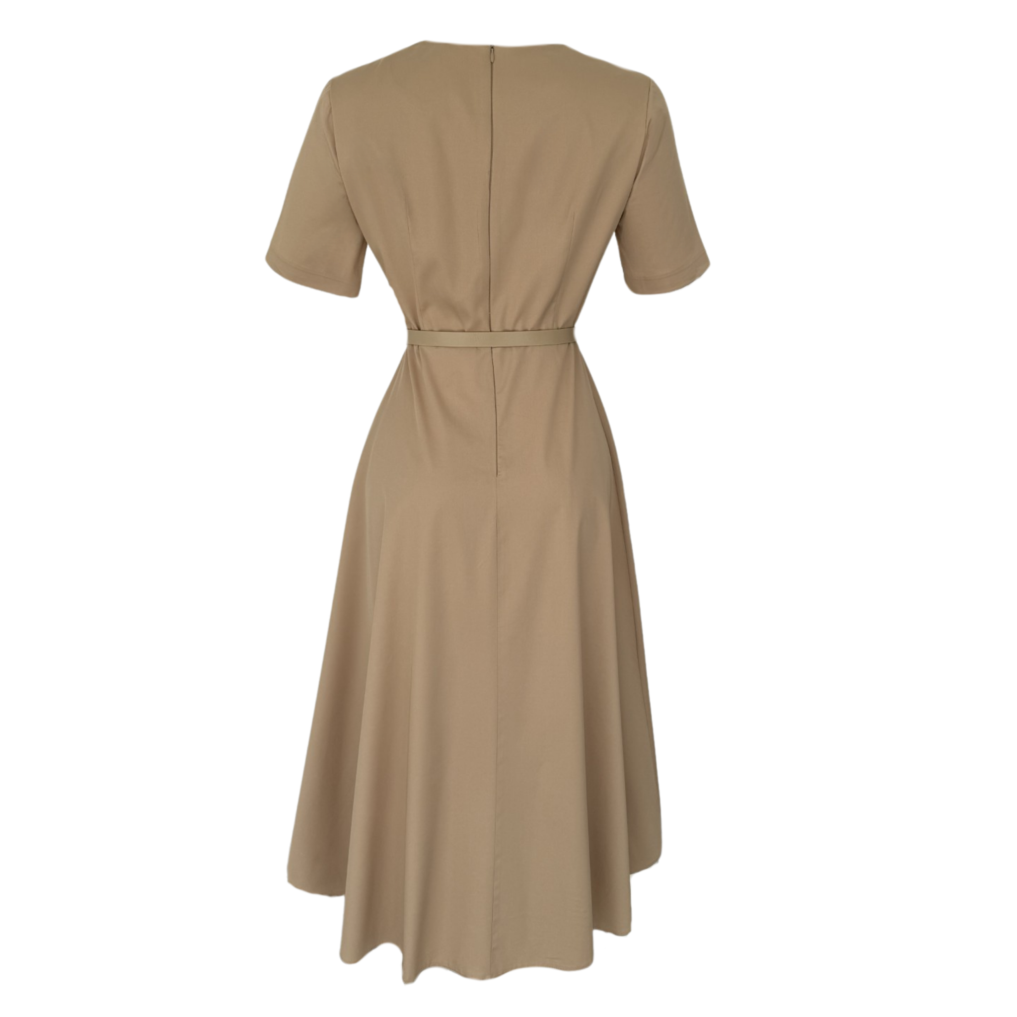 BOW DETAILED SHORT SLEEVE BELTED DRESS CAMEL