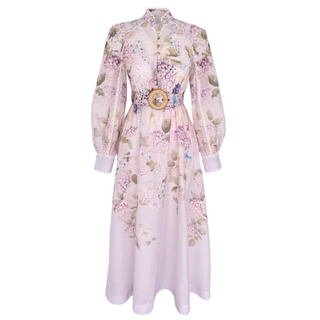 FLORAL DESEN KEMER DETAYLI ŞİFON ELBİSE PEMBE