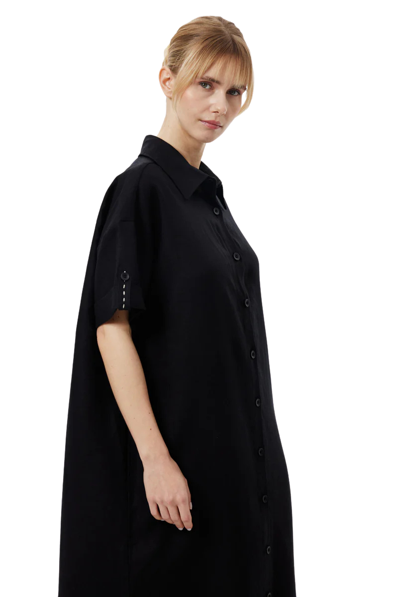 100% LINEN RELAXED SHIRT DRESS BLACK