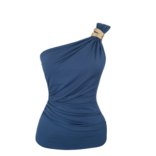 ONE-SHOULDER BLOUSE WITH SIDE DRAPING, INDIGO.