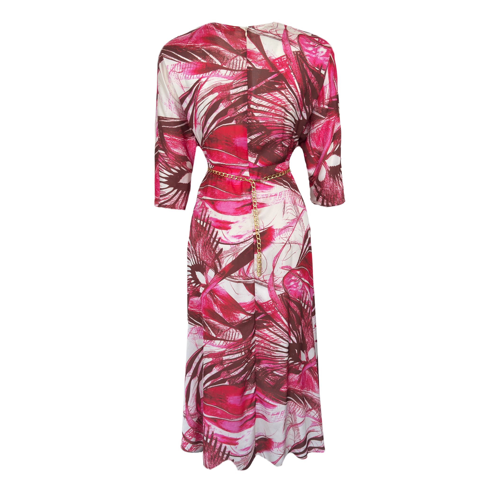 CHAIN EMBELLISHED WAIST WRAP NECK SATIN DRESS PINK