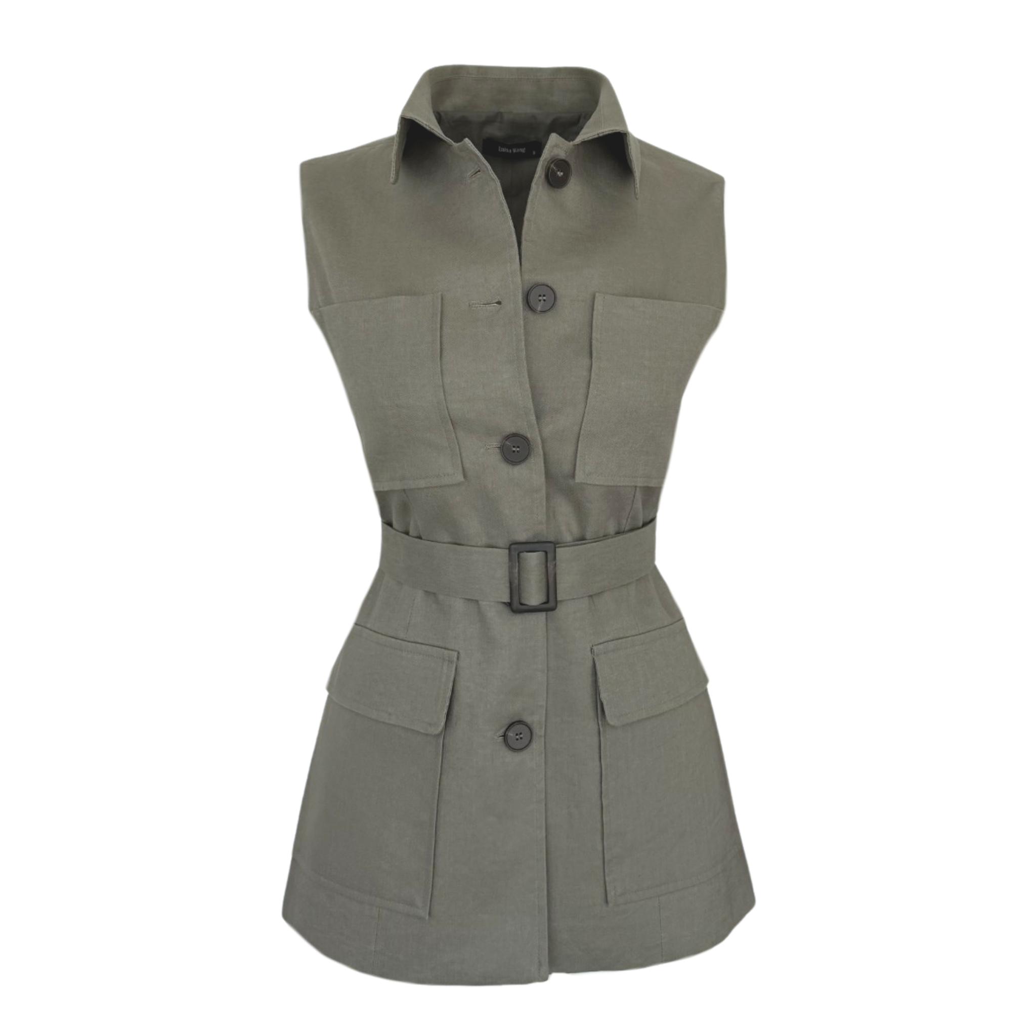 POCKET DETAIL 100% LINEN BELTED VEST KHAKI