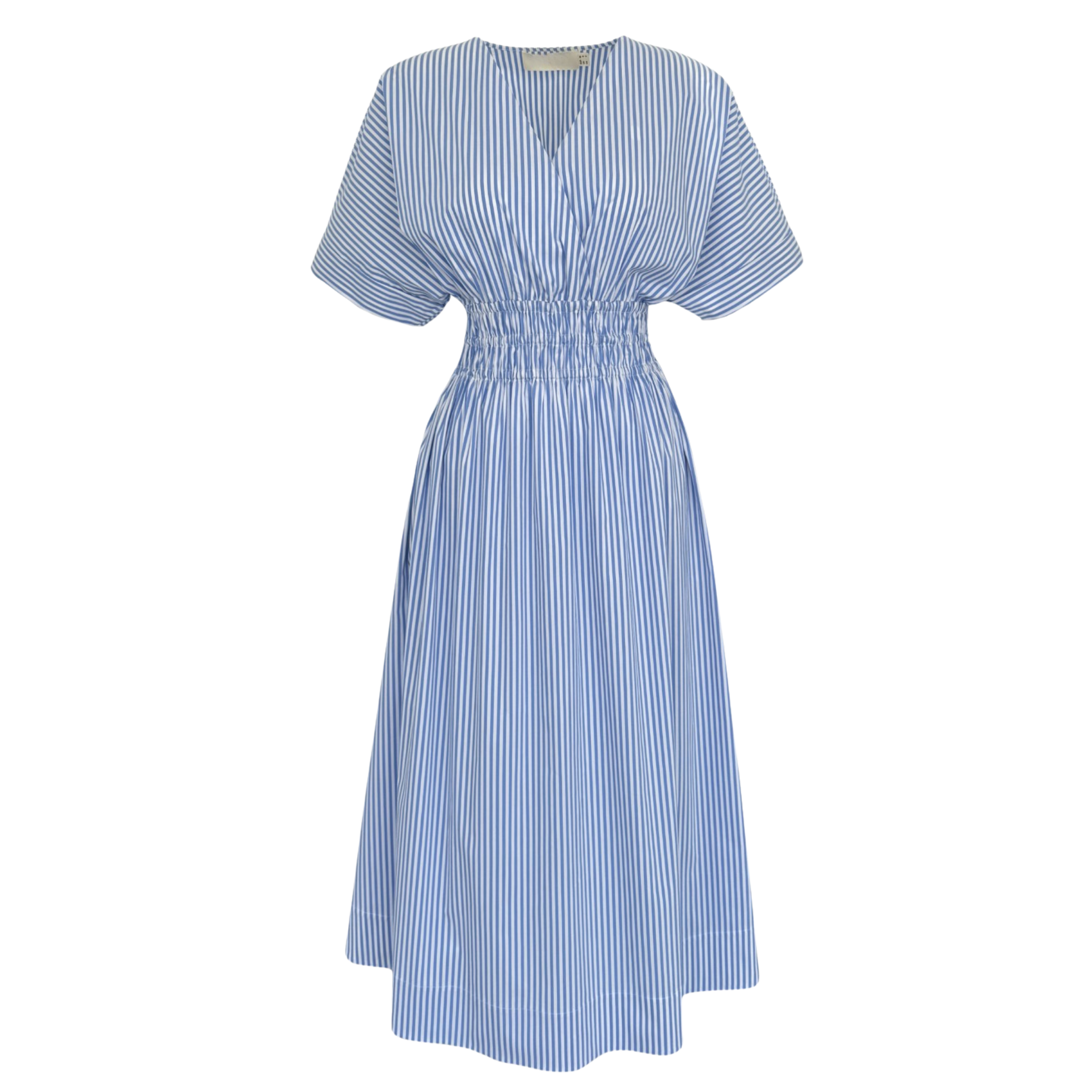 WRAP NECK ELASTICATED WAIST STRIPE DETAIL DRESS