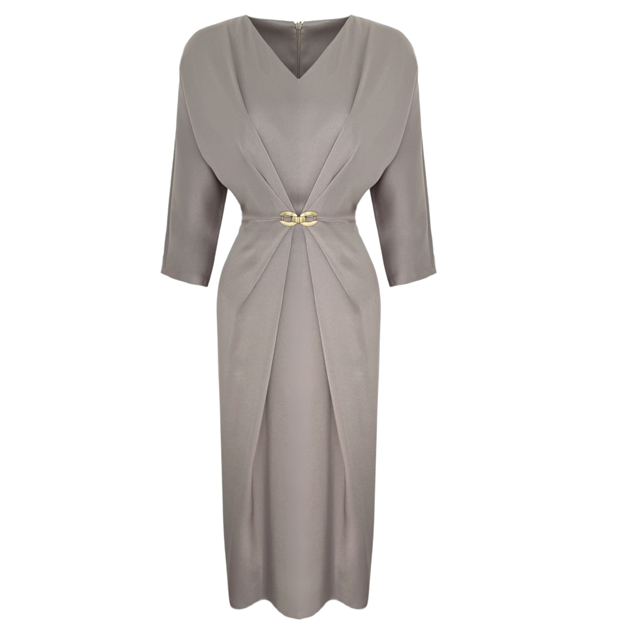 ACCESSORY WAIST DETAILED V-NECK SATIN DRESS GREY