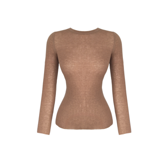 WOOL BLEND SEMI-TRANSPARENT KNITTED BODY CAMEL