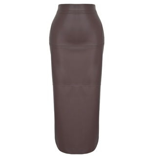 FAUX LEATHER MIDI-LENGTH PENCIL SKIRT, BROWN.