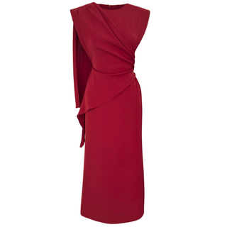 SHAWL DETAIL DRAPED DRESS IN BURGUNDY