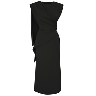 BLACK DRESS WITH SHAWL DETAIL ON THE SHOULDER.