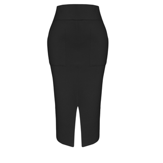 BLACK KNITTED PENCIL SKIRT WITH FRONT SLIT DETAIL.