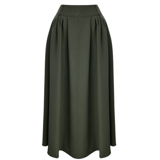 Khaki flared skirt with elasticated waistband at the back.