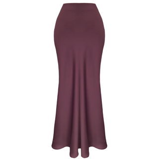 Maxi-length cotton satin skirt with elastic waistband, burgundy.