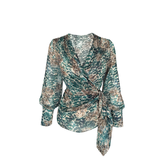 Leopard print wrap-around chiffon blouse, green.