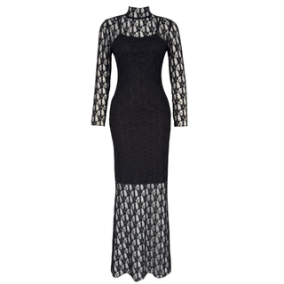 Maxi-length, high-neck lace dress, black.