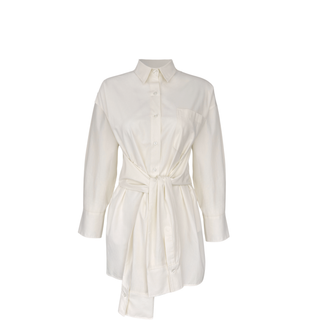 100% COTTON SHIRT WITH TIE WAIST DETAIL, ECRU