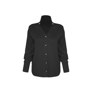 STAND-NECK COTTON SATIN BLOUSE WITH GOLD BUTTONS, BLACK.