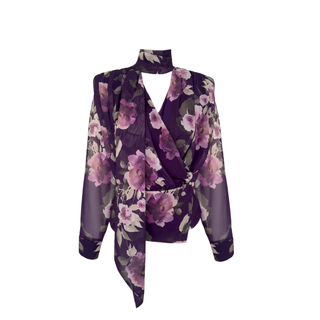 Floral pattern shawl collar wrap chiffon blouse purple