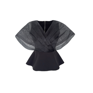 RUFFLED ORGANZA TULLE BLOUSE, BLACK