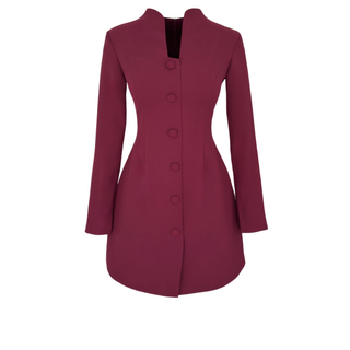 BUTTON-DETAILED STAND-COLLAR DRESS IN BURGUNDY