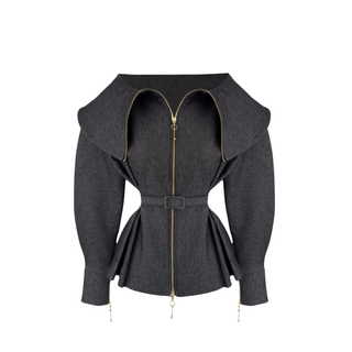 Jane Collar Detail Zip-Up Denim Jacket Grey