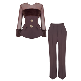 FUR DETAIL GOLD BUTTONED 3-PIECE SET BROWN