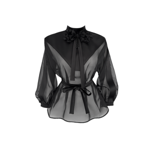 BALLOON SLEEVE COLLAR ACCESSORY DETAIL TRANSPARENT BLOUSE BLACK