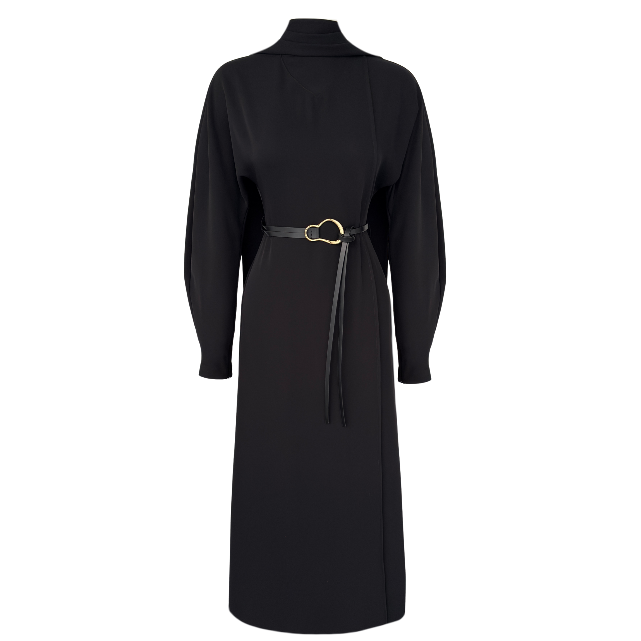 AT THE NECK SHAWL DETAIL BELTED MAXI WAIST LENGTH DRESS BLACK