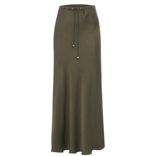 MAXI-LENGTH SATIN SKIRT WITH WAIST TIE-UP, KHAKI.