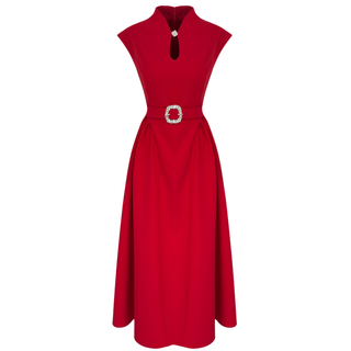 RED DRESS WITH STONE DETAIL ON THE BELT AND ACCENTIVE WAIST.