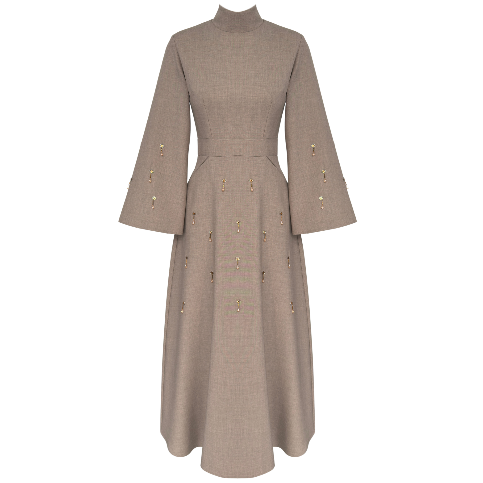 BEAD EMBROIDERED WIDE SLEEVE DETAIL MAXI LENGTH DRESS BEIGE
