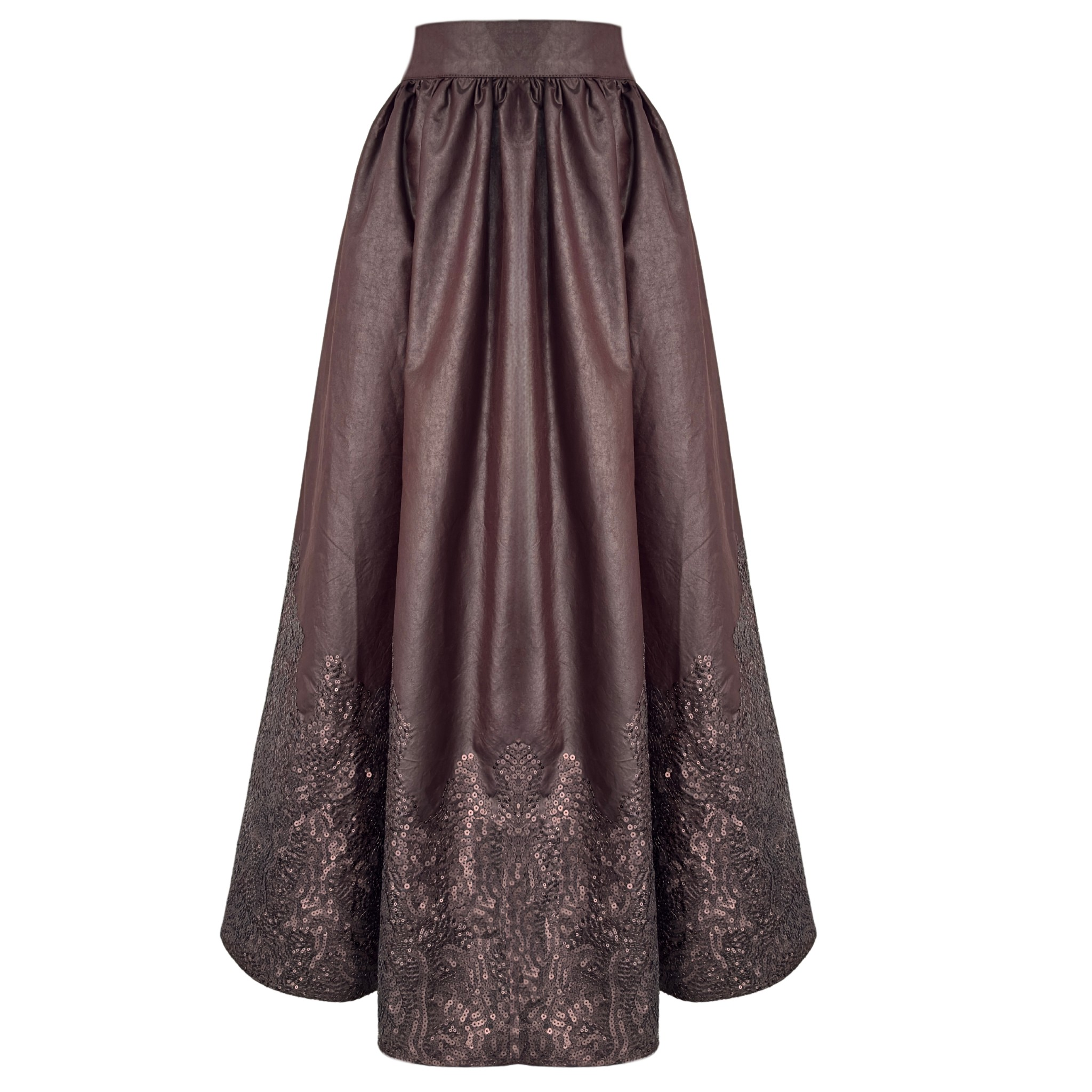 LEATHER LOOK SEQUIN EMBROIDERY DESIGN SKIRT CHOCOLATE BROWN