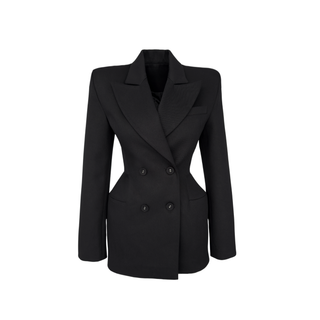 BLACK JACKET WITH PADDED SHOULDER AND A FITTING WAIST.
