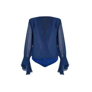 V-NECK SLEEVES ROLLOWED CHIFFON BODYSUIT INDIGO