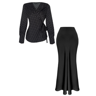 WRAP-STYLE POLKA DOT COTTON SATIN SET, BLACK